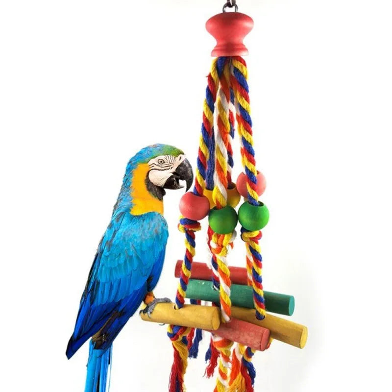 Juguete mordedor de madera y cuerda para aves