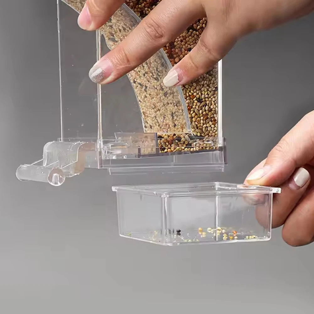 Comedero para loros y periquitos con diseño transparente
